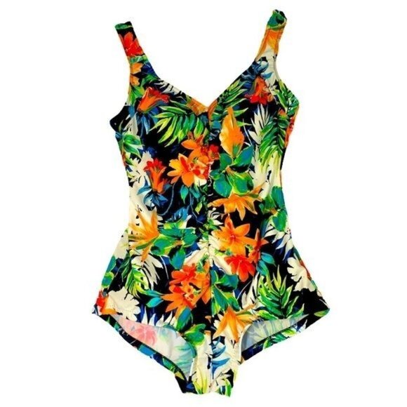 Maxine of Hollywood Ruched Front Tropical Floral One Piece Swimsuit - Size 10 - Picture 1 of 6